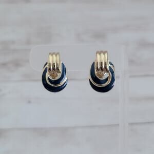 Vintage Trifari Clip On Earrings Gold Tone & Blue Enamel Stylish